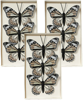 Decoris Decoratie vlinders op draad - 9x - bruin tinten - 8 x 6 cm