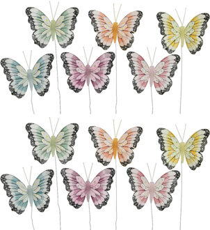 Decoris decoratie vlinders - op draad - gekleurd mix - 18x stuks - 8 cm - Lente - Zomer - versiering