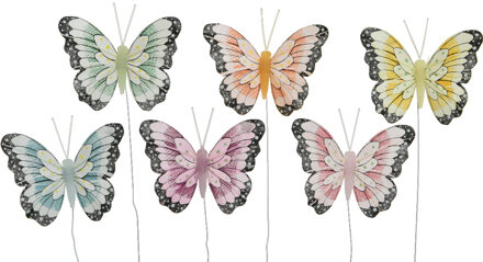 Decoris decoratie vlinders - op draad - gekleurd mix - 6x stuks - 8 cm - Lente - Zomer - versiering