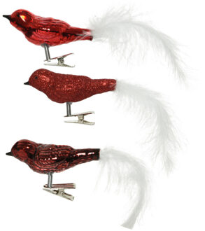 Decoris Decoratie vogels - 3x st - op clip - rood - 8 cm - glas - kerstornamenten