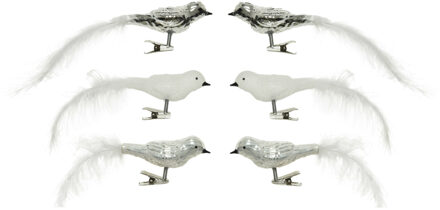 Decoris Decoratie vogels - 6x - op clip - wit/zilver - 8 cm - glas - kerstversiering - vogeltjes