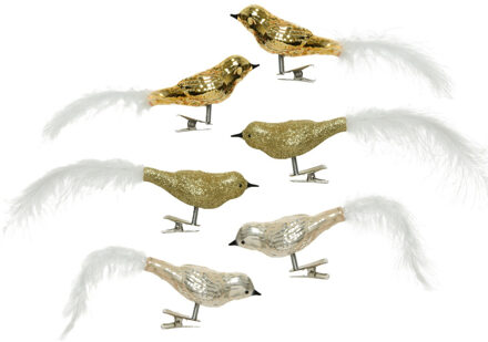 Decoris Decoratie vogels - 6x st - op clip - goud - 8 cm - glas - kerstornamenten