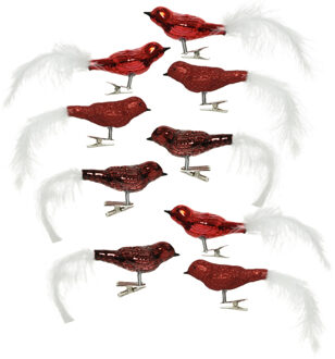 Decoris Decoratie vogels - 9x st - op clip - rood - 8 cm - glas - kerstornamenten