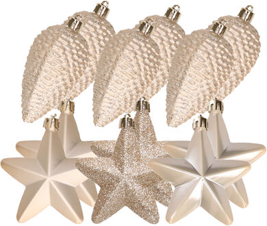 Decoris Dennenappels en sterren kerstornamenten - 12 stuks - kunststof - champagne - Kersthangers Champagnekleurig
