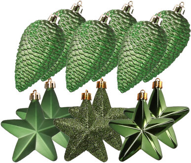 Decoris Dennenappels en sterren kerstornamenten - 12 stuks - kunststof - donkergroen - Kersthangers