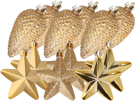 Decoris Dennenappels en sterren kerstornamenten - 12 stuks - kunststof - goud - Kersthangers Goudkleurig