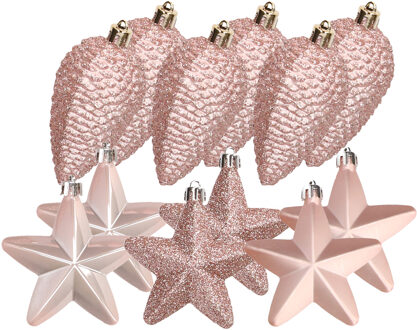 Decoris Dennenappels en sterren kerstornamenten - 12 stuks - kunststof - lichtroze - Kersthangers