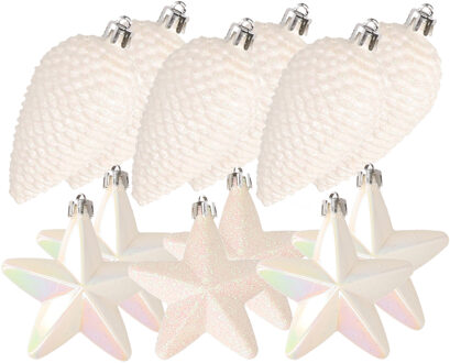 Decoris Dennenappels en sterren kerstornamenten - 12 stuks - kunststof - parelmoer