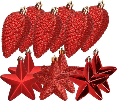 Decoris Dennenappels en sterren kerstornamenten - 12 stuks - kunststof - rood - Kersthangers