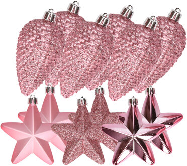 Decoris Dennenappels en sterren kerstornamenten - 12 stuks - kunststof - roze - Kersthangers