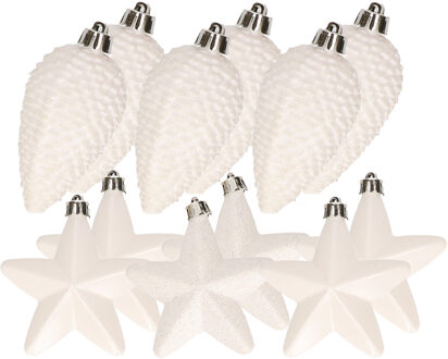 Decoris Dennenappels en sterren kerstornamenten - 12 stuks - kunststof - wit