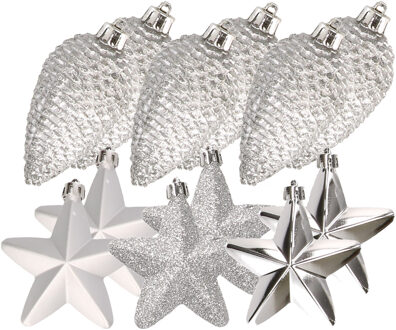 Decoris Dennenappels en sterren kerstornamenten - 12 stuks - kunststof - zilver - Kersthangers Zilverkleurig