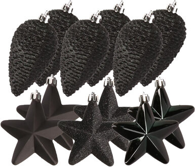 Decoris Dennenappels en sterren kerstornamenten - 12 stuks - kunststof - zwart - Kersthangers