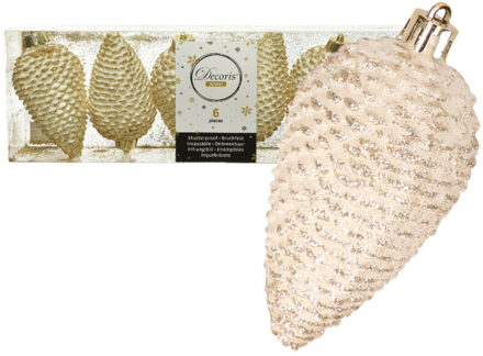 Decoris Dennenappels kersthangers - 6x- creme - 8 cm - kunststof