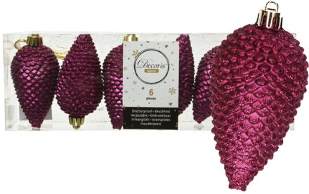 Decoris dennenappels kersthangers aubergine roze 8 cm kunststof - Kersthangers