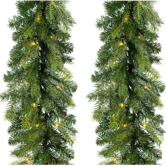 Decoris Dennenslinger - 2x - groen - met verlichting - 20 x 270 cm - twinkelend - guirlande