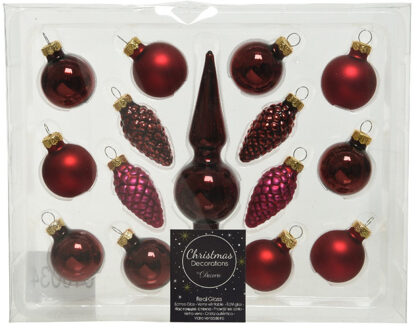 Decoris Donkerrode glazen kerstballen 3 cm en piek set voor mini kerstboom 15-dlg