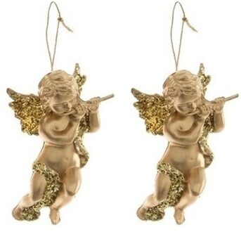 Decoris engel met dwarsfluit - 2x - goud - kunststof - 10 x 6 cm - kerstversiering - hangdecoratie Goudkleurig