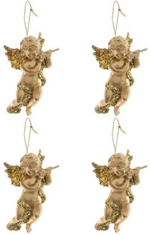 Decoris engel met dwarsfluit - 4x - goud - kunststof - 10 x 6 cm - kerstversiering - hangdecoratie Goudkleurig