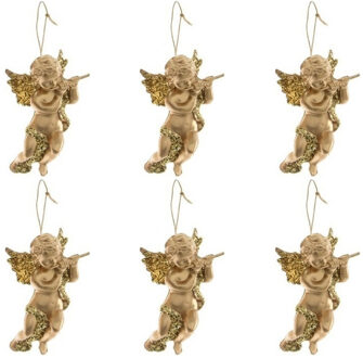 Decoris engel met dwarsfluit - 6x - goud - kunststof - 10 x 6 cm - kerstversiering - hangdecoratie