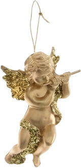 Decoris engel met dwarsfluit - goud - kunststof - 10 x 6 cm - kerstversiering - hangdecoratie Goudkleurig