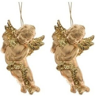 Decoris engel met lute - 2x - goud - kunststof - 10 x 6 cm - kerstversiering - hangdecoratie Goudkleurig