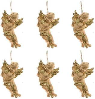 Decoris engel met lute - 6x - goud - kunststof - 10 x 6 cm - kerstversiering - hangdecoratie