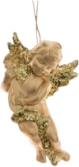 Decoris engel met lute - goud - kunststof - 10 x 6 cm - kerstversiering - hangdecoratie