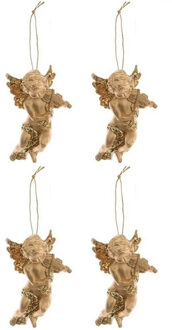 Decoris engel met viool - 4x - goud - kunststof - 10 x 6 cm - kerstversiering - hangdecoratie Goudkleurig