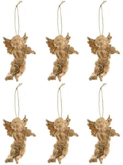Decoris engel met viool - 6x - goud - kunststof - 10 x 6 cm - kerstversiering - hangdecoratie Goudkleurig