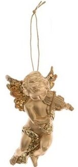 Decoris engel met viool - goud - kunststof - 10 x 6 cm - kerstversiering - hangdecoratie