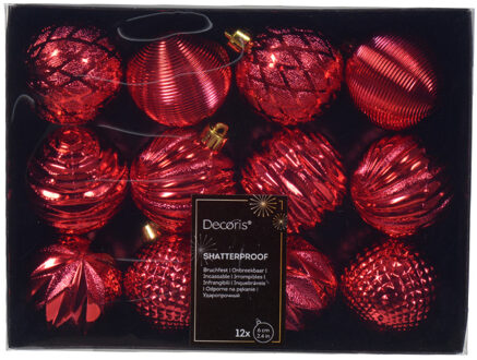 Decoris Gedecoreerde kerstballen - 12x st - 6 cm - kunststof - rood