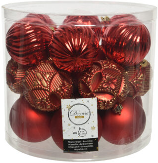 Decoris Gedecoreerde kerstballen - 20x st - rood - 8 cm - kunststof - kerstversiering