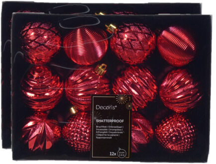 Decoris Gedecoreerde kerstballen - 24x st - 6 cm - kunststof - rood