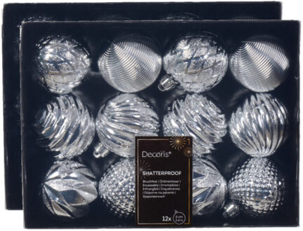 Decoris Gedecoreerde kerstballen - 24x st - 6 cm - kunststof - zilver