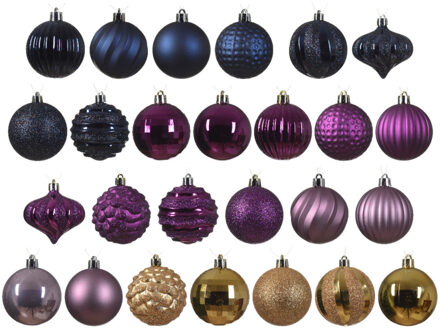 Decoris gedecoreerde kerstballen - 30x -plastic -blauw/goud/paars- 7cm - Kerstbal