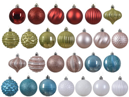 Decoris gedecoreerde kerstballen - 30x -plastic - gekleurd- 7cm - Kerstbal Multikleur