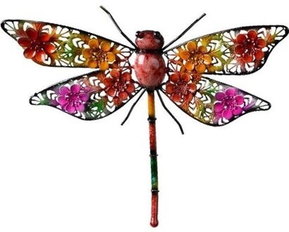 Decoris Gekleurde metalen tuindecoratie libelle hangdecoratie 27 x 33 cm cm - Tuinbeelden Multikleur