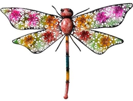 Decoris Gekleurde metalen tuindecoratie libelle hangdecoratie 29 x 47 cm cm - Tuinbeelden Multikleur