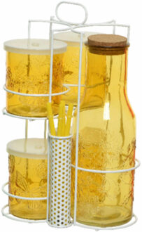 Decoris Gele karaf/sapkan/schenkkan 1 liter met 4 mason jars en rietjes