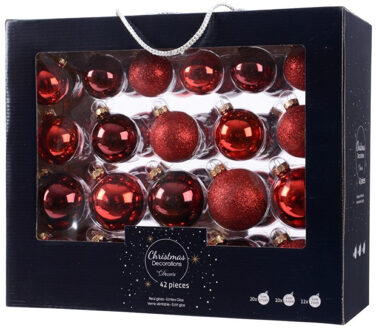 Decoris Glazen kerstballen mix rood 42 delig glimmend en glitter - Kerstbal