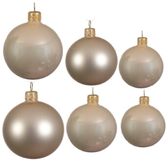 Decoris Glazen kerstballen pakket champagne glans/mat 16x stuks diverse maten - Kerstbal Champagnekleurig