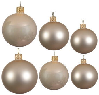 Decoris Glazen kerstballen pakket champagne glans/mat 16x stuks diverse maten - Kerstbal Champagnekleurig