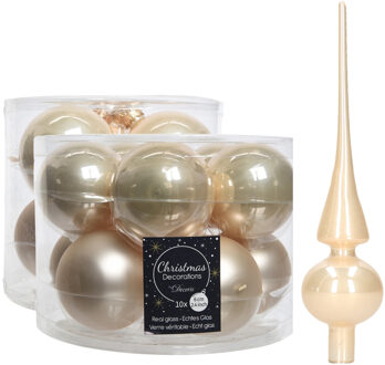 Decoris Glazen kerstballen pakket champagne glans/mat 32x stuks inclusief piek glans - Kerstbal Champagnekleurig