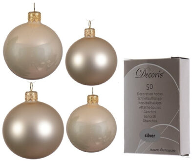 Decoris Glazen kerstballen pakket champagne glans/mat 38x stuks 4 en 6 cm inclusief haakjes - Kerstbal Champagnekleurig