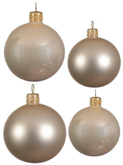 Decoris Glazen kerstballen pakket champagne glans/mat 38x stuks 4 en 6 cm - Kerstbal Champagnekleurig