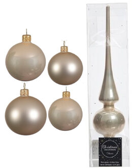 Decoris Glazen kerstballen pakket champagne glans/mat 38x stuks 4 en 6 cm met piek glans - Kerstbal Champagnekleurig