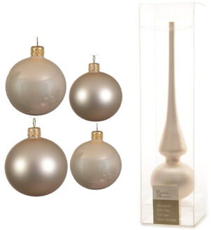 Decoris Glazen kerstballen pakket champagne glans/mat 38x stuks 4 en 6 cm met piek mat - Kerstbal Champagnekleurig