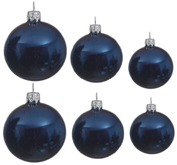 Decoris Glazen kerstballen pakket donkerblauw glans 16x stuks diverse maten - Kerstbal