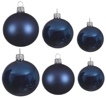 Decoris Glazen kerstballen pakket donkerblauw glans/mat 16x stuks diverse maten - Kerstbal